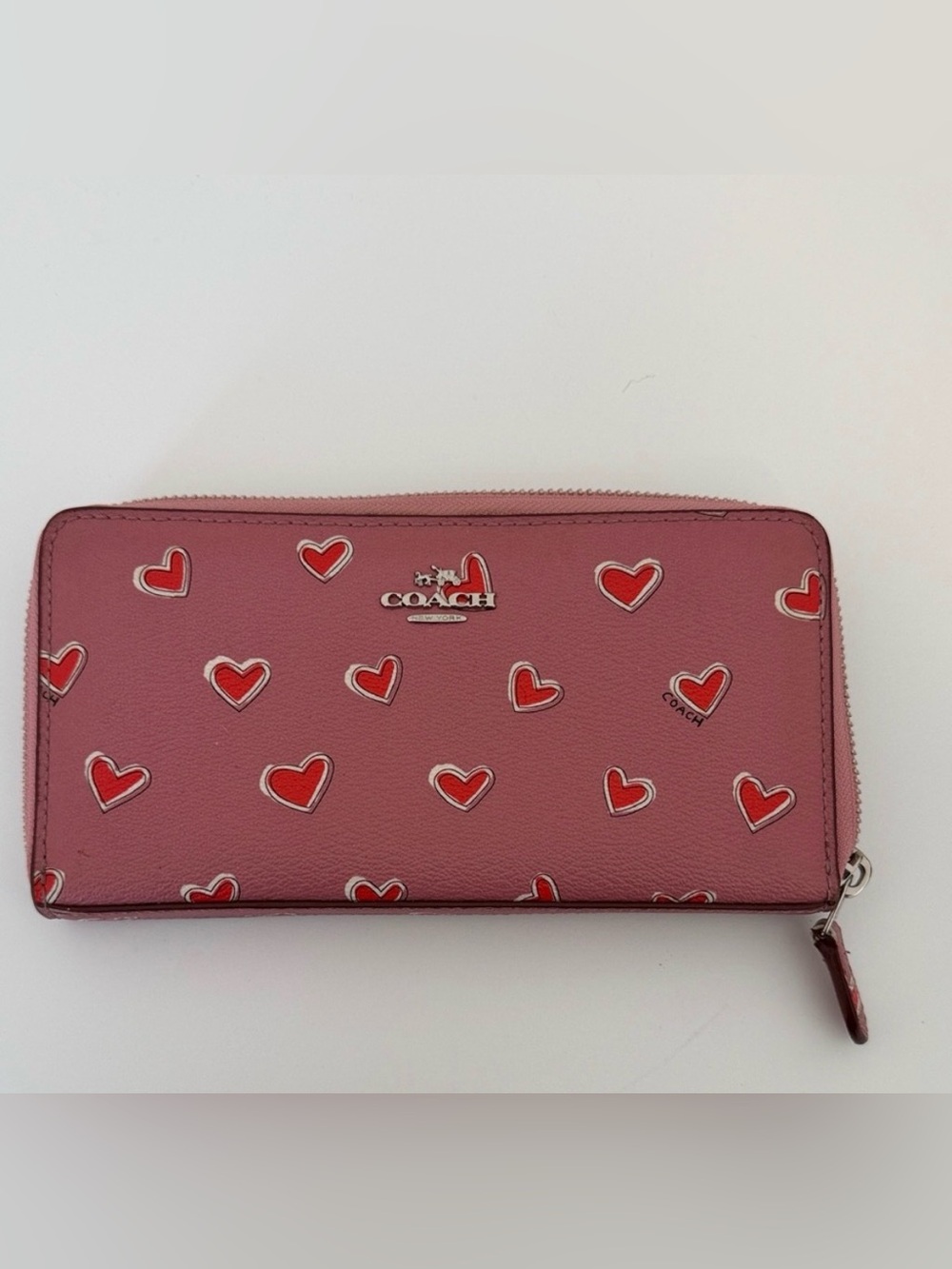 Coach Pink Large Accordion Zip Wallet with Red Heart Print like new, authentic